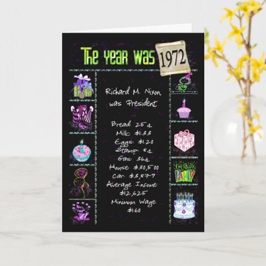 Birthday Year 1972 Fun Trivia Facts カード (黄色い花)