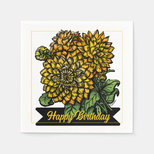 Birthday Yellow Dahlias Floral スタンダードカクテルナプキン (正面)