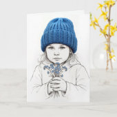 Birthday Young Girl In a Blue Knit Hat カード (黄色い花)