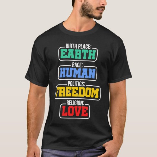 Birthplace Earth Race Human Politics Freedom Relig Tシャツ (正面)