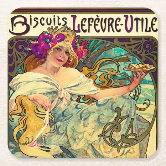Biscuits Lefevre-Utile by Alphonseミュシャ(1896) スクエアペーパーコースター (正面)
