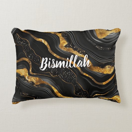 Bismillah Alhamdullilah Gold Black Agate アクセントクッション (正面)