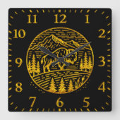 Bison at Sunset in Mountain Landscape スクエア壁時計 (正面)