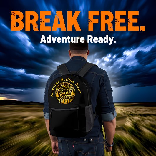 Bison at Sunset in Mountain Landscape プリントバックパック