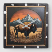 Bison Buffalo Bison Medallion スクエア壁時計 (正面)
