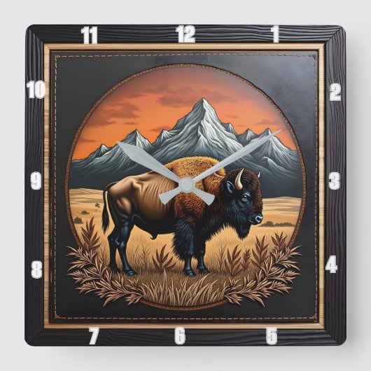 Bison Buffalo Bison Medallion スクエア壁時計 (正面)