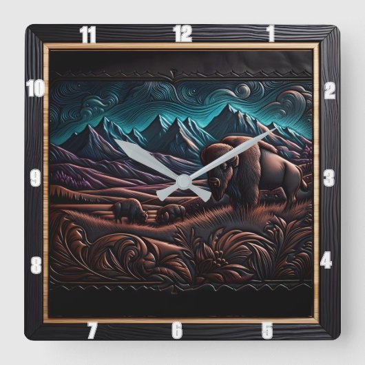 Bison Buffalo Bison Wilderness スクエア壁時計 (正面)