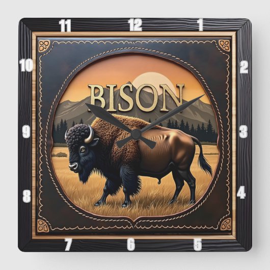 Bison Buffalo Wild Plains Buffalo スクエア壁時計 (正面)