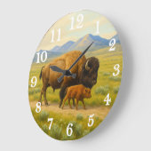 Bison duo in golden prairie ラージ壁時計 (傾斜)