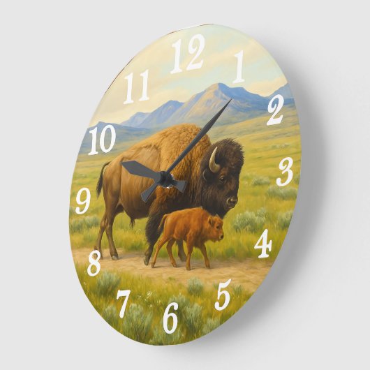 Bison duo in golden prairie ラージ壁時計 (傾斜)