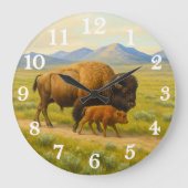 Bison duo in golden prairie ラージ壁時計 (正面)