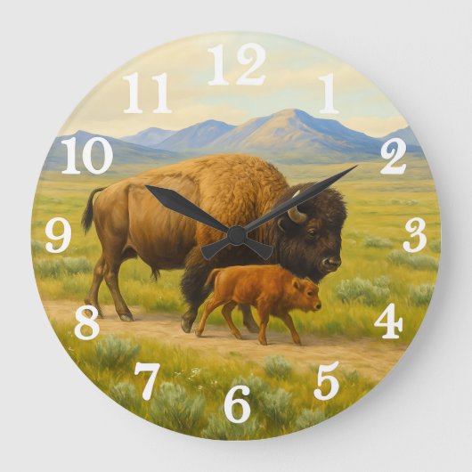Bison duo in golden prairie ラージ壁時計 (正面)