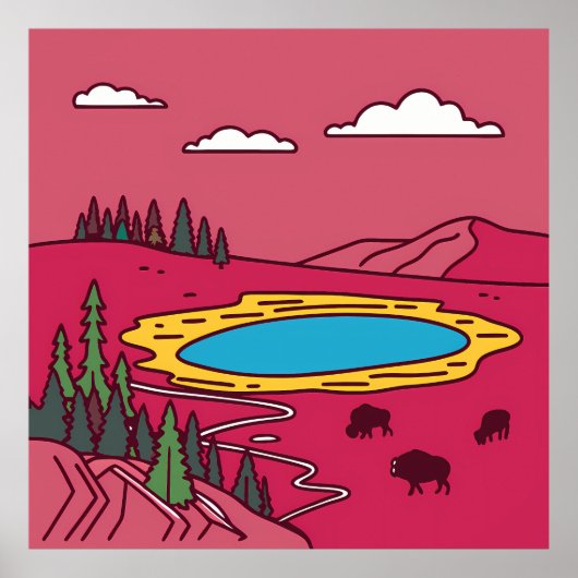 Bison Graze by Geothermal Pool in Yellowstone ポスター (正面)