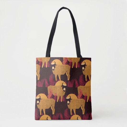 Bison in a field in high grass seamless pattern トートバッグ (正面)
