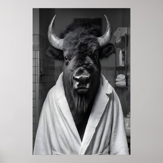 Bison in Bathrobe Art Print, Funny Bathroom ポスター (正面)