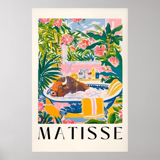 Bison in Bathtub Art Print Tropical Bathroom ポスター (正面)