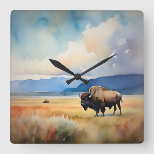 Bison in the Meadow スクエア壁時計 (正面)