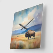 Bison in the Meadow スクエア壁時計 (傾斜)