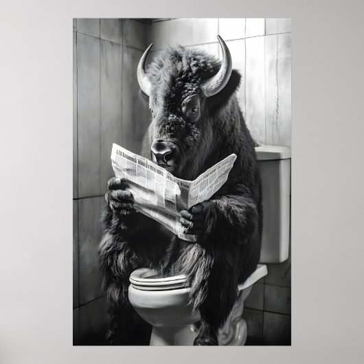 Bison on Toilet Print, Funny Bathroom Newspaper ポスター (正面)