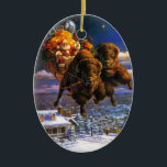 Bison Pulling Santa Claus セラミックオーナメント<br><div class="desc">Bison pulling Santa Claus in a sleigh</div>