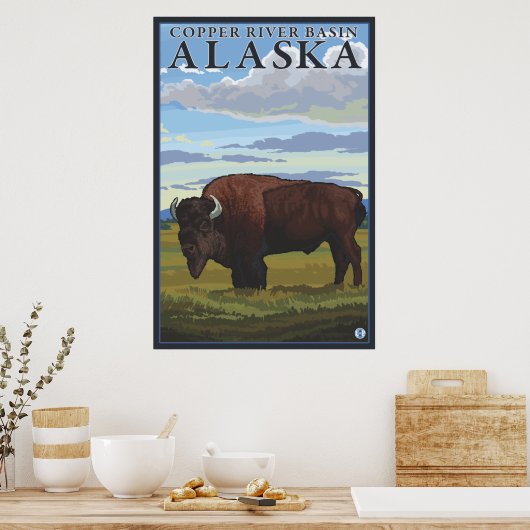 Bison Scene – アラスカの銅川流域 ポスター (キッチン)