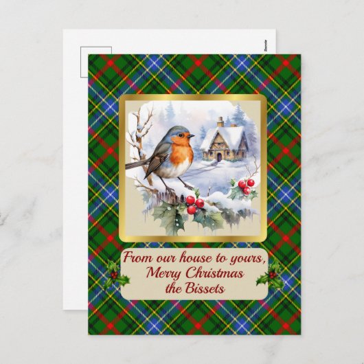 Bisset Crest & Robin付きタータンチェックパーソナライズされた シーズンポストカード (正面/裏面)