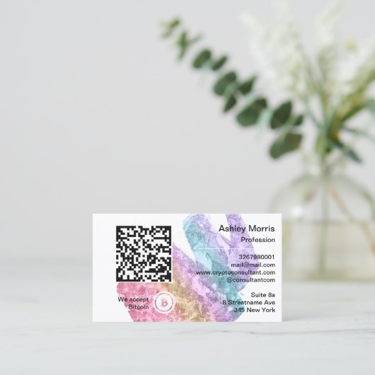 Bit Me QRコード私たちはBitcoinブルーストロークを受け入れる 名刺 (スタンド正面)