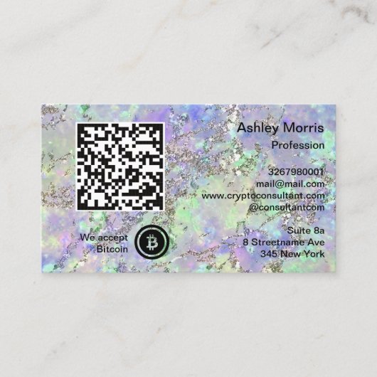 Bit Me QRコード私たちはBitcoinロゴを受け入れるグリッターブルー 名刺 (正面)
