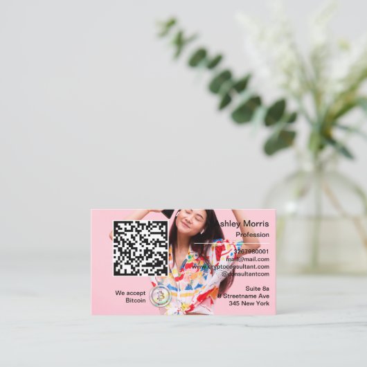 Bit Me QRコード私たちはBitcoin写真の挿入を受け入れる 名刺 (スタンド正面)