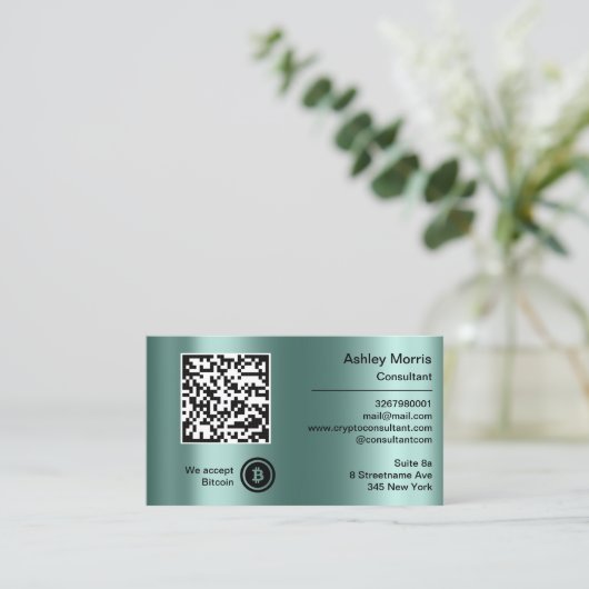 Bit Me QRコード私たちはBitcoinsを受け入れるカスタムティール(緑がかった色) 名刺 (スタンド正面)