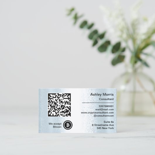 Bit Me QRコード私たちはBitcoinsを受け入れカスタムる青 名刺 (スタンド正面)