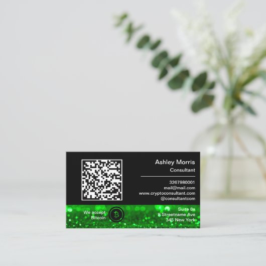 Bit Me QRコード私たちはBitcoinsグリーングリッター 名刺 (スタンド正面)