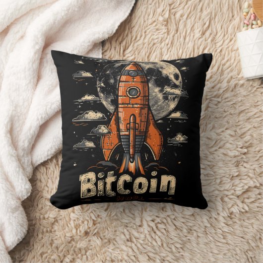 Bitcoin and Rocket to the Moon Crypto Design クッション (ブランケット)