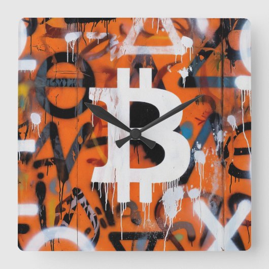 "Bitcoin Graffiti" (スタイル #2) ストリートアート スクエア壁時計 (正面)