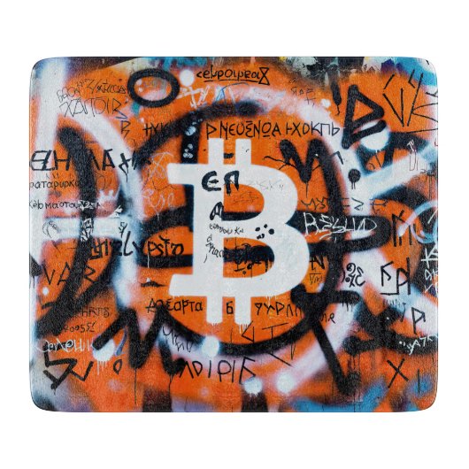 "Bitcoin Graffiti" (スタイル #4) ストリートアート カッティングボード (正面)