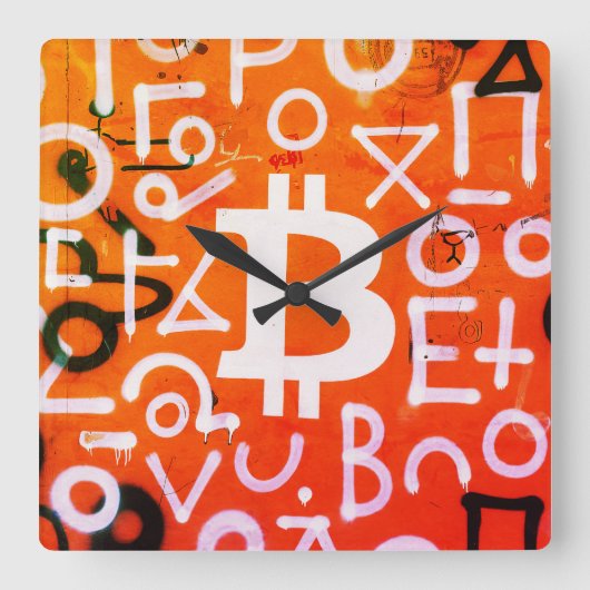 "Bitcoin Graffiti" (スタイル #7) ストリートアート スクエア壁時計 (正面)