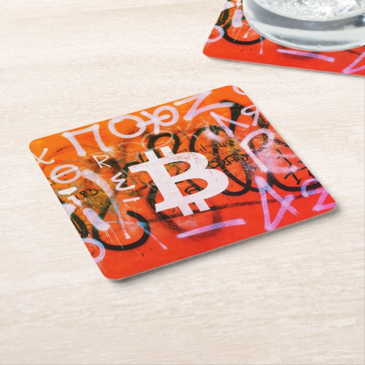 "Bitcoin Graffiti" (スタイル #9) ストリートアート スクエアペーパーコースター (アングル)