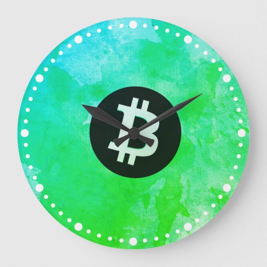 Bitcoin Watercolor (Style $ - Green Day) ラージ壁時計 (正面)