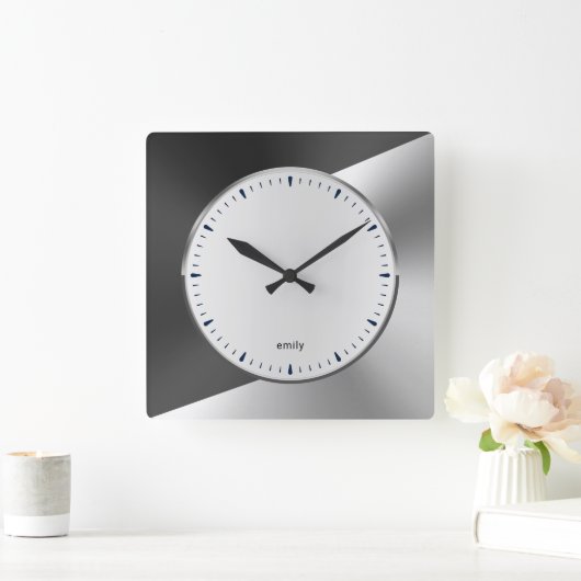 Bla & Silverメタリックモダン幾何学模様デザインLarg スクエア壁時計 (ホーム)