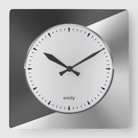 Bla & Silverメタリックモダン幾何学模様デザインLarg スクエア壁時計 (正面)