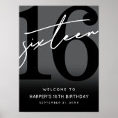 Black 16th Birthday Party Welcome Sign ポスター (正面)