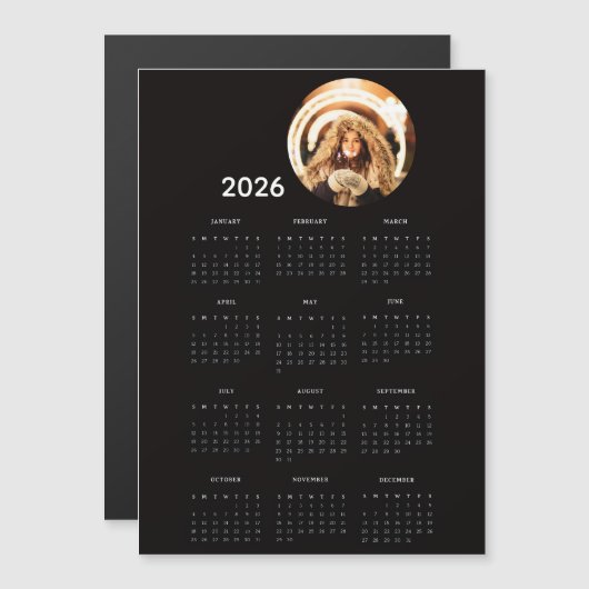 Black 2026 Calendar Round Photo Magnet Card (正面/裏面)