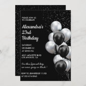 Black 23rd birthday invitations Balloons Silver 招待状 (正面/裏面)