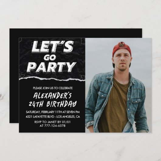 Black 24th birthday invitations Men Photo  招待状 (正面/裏面)