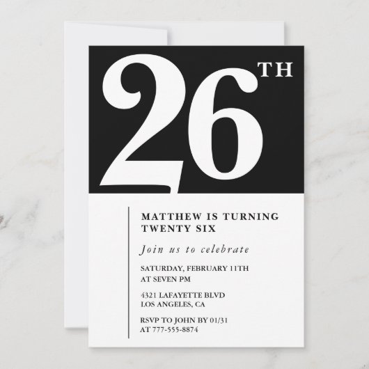 Black 26th birthday invitation Elegant Chic Simple 招待状 (正面)
