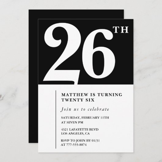 Black 26th birthday invitation Elegant Chic Simple 招待状 (正面/裏面)