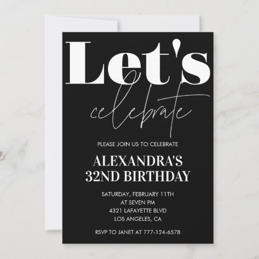 Black 32nd birthday invitations Bold Typography  招待状 (正面)