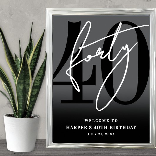 Black 40th Birthday Party Welcome Sign ポスター