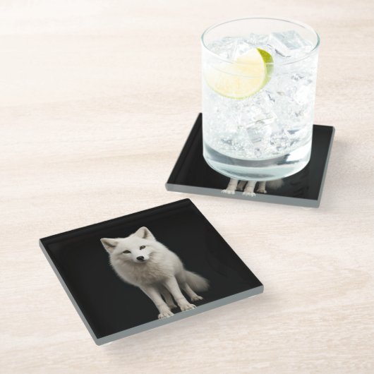 Black 4 Luxe Glass coaster, Ivory Arctic Fox ガラスコースター (アングル)
