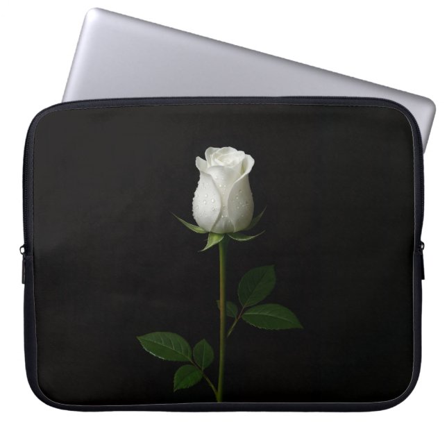 Black 4 Luxe Laptop Sleeve, Pure White Rose ラップトップスリーブ (正面)
